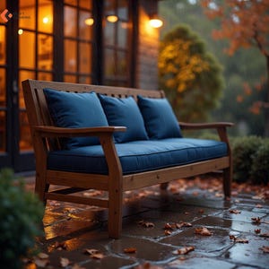 May include: A wooden bench with blue cushions sits on a patio with a stone floor. The bench is made of dark wood and has a simple design. The cushions are a deep blue and are made of a soft fabric. The patio is covered in fallen leaves and the floor is wet from the rain.
