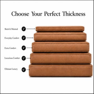 K&ouml;nnte beinhalten: Ein Stapel aus f&uuml;nf rechteckigen, braunen Lederkissen mit unterschiedlichen H&ouml;hen. Der Text lautet: Choose Your Perfect Thickness. Beschriftungen geben Dicken von 2, 3, 4, 5 und 6 Zoll an, die jedem Kissen im Stapel zugeordnet sind.