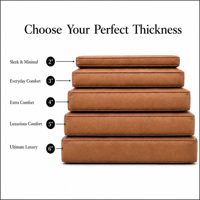 K&ouml;nnte beinhalten: Ein Stapel aus f&uuml;nf rechteckigen, braunen Lederkissen mit unterschiedlichen H&ouml;hen. Der Text lautet: Choose Your Perfect Thickness. Beschriftungen geben Dicken von 2, 3, 4, 5 und 6 Zoll an, die jedem Kissen im Stapel zugeordnet sind.