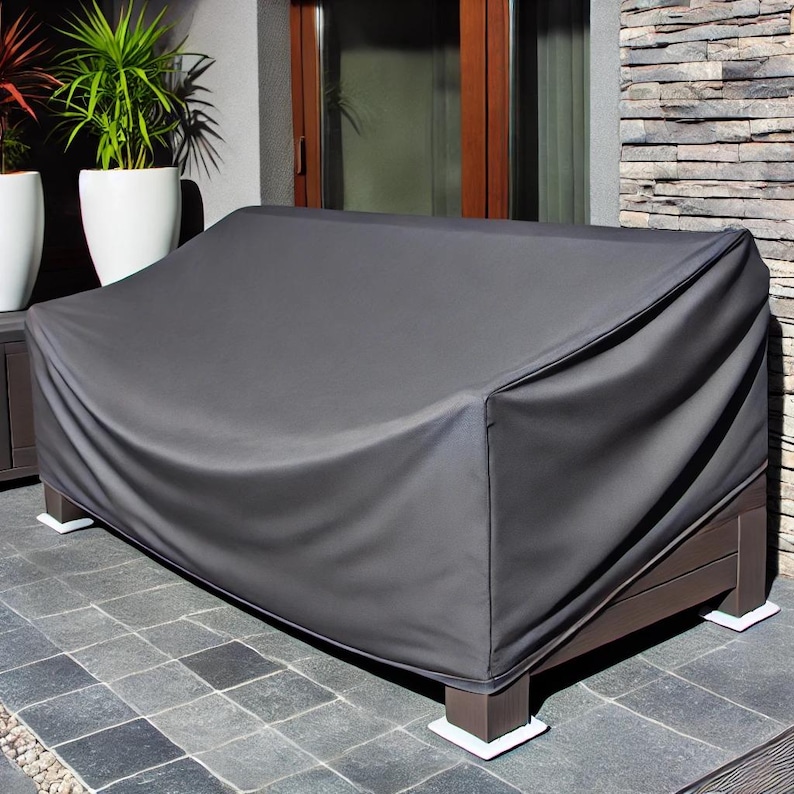 Dark grey outdoor furniture cover, water-resistant and fitted over a modern patio chair and table set. The sleek design protects against weather elements, with a wooden deck and lush greenery in the background, highlighting its durability and style.