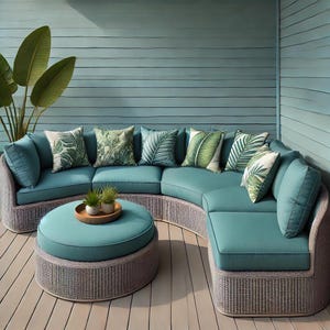Custom Curved Outdoor Sectional Sofa cushions | Teal Cushions & Wicker Base Patio Seating Set | Luxury Handmade Patio Furniture