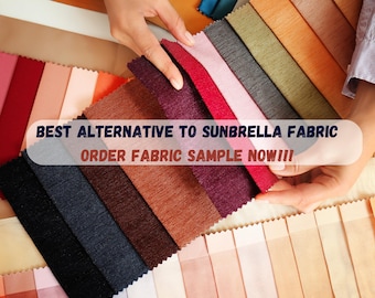 Könnte beinhalten: Eine Auswahl an Stoffmustern in verschiedenen Farben, darunter Rot, Rosa, Grau und Braun, wird gezeigt. Der Text "BEST ALTERNATIVE TO SUNBRELLA FABRIC ORDER FABRIC SAMPLE NOW!!!" ist auf dem Bild überlagert. Die Muster werden von einer Person gehalten.
