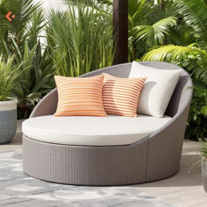 May include: A gray wicker round chaise lounge with white and orange striped pillows. The chaise lounge is on a gray rug in a garden setting.