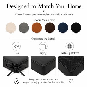 K&ouml;nnte beinhalten: Ein Produktanpassungsleitfaden mit dem Text Designed to Match Your Home. Er zeigt sechs Farbmuster und drei Detailoptionen: Bindeb&auml;nder, Paspelierung und eine rutschfeste Unterseite, dargestellt an schwarzen Kissen mit dem Hinweis: Every detail is made with care.