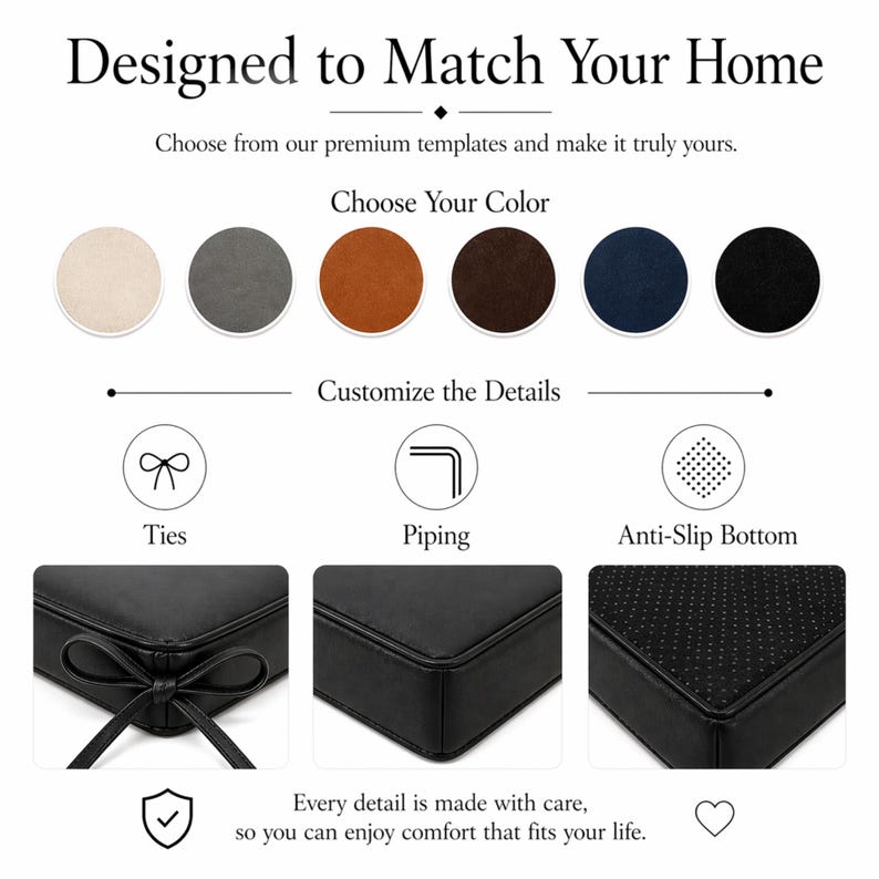 K&ouml;nnte beinhalten: Ein Produktanpassungsleitfaden mit dem Text Designed to Match Your Home. Er zeigt sechs Farbmuster und drei Detailoptionen: Bindeb&auml;nder, Paspelierung und eine rutschfeste Unterseite, dargestellt an schwarzen Kissen mit dem Hinweis: Every detail is made with care.