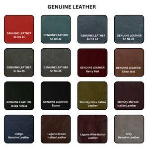 K&ouml;nnte beinhalten: Ein Raster aus sechzehn quadratischen Echtleder-Mustern in verschiedenen Farben, darunter Rot, Blaugr&uuml;n, Blau, Grau, Schwarz, Beerenrot, Kastanienbraun, Oliv, Kastanienbraun, Indigo und Braun. Jedes Muster enth&auml;lt den Text Genuine Leather.