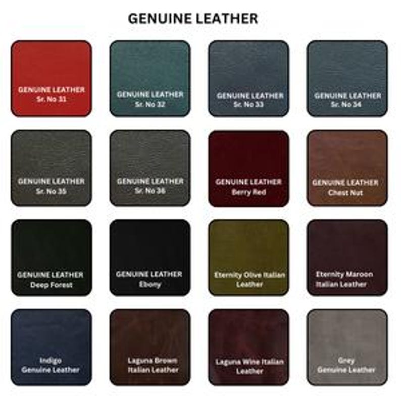 K&ouml;nnte beinhalten: Ein Raster aus sechzehn quadratischen Echtleder-Mustern in verschiedenen Farben, darunter Rot, Blaugr&uuml;n, Blau, Grau, Schwarz, Beerenrot, Kastanienbraun, Oliv, Kastanienbraun, Indigo und Braun. Jedes Muster enth&auml;lt den Text Genuine Leather.