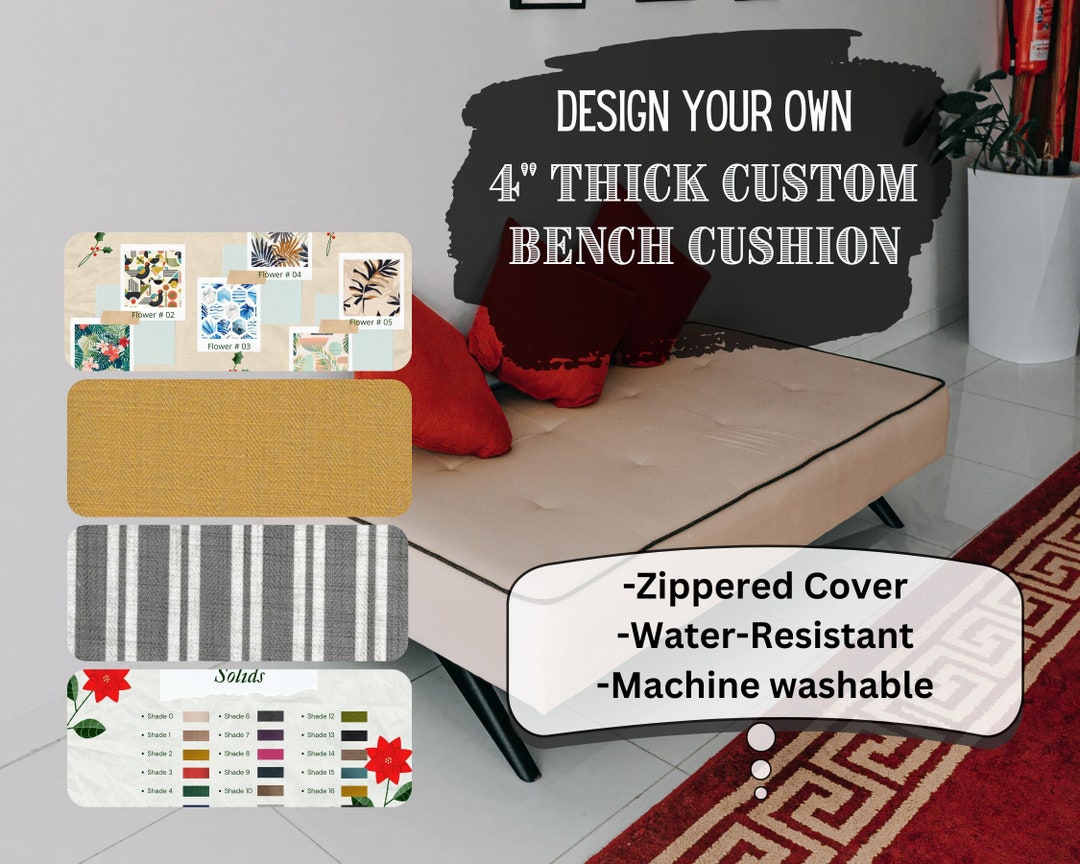4 Thick Custom Bench Cushion With Piping and Ties Water Resistant Bench