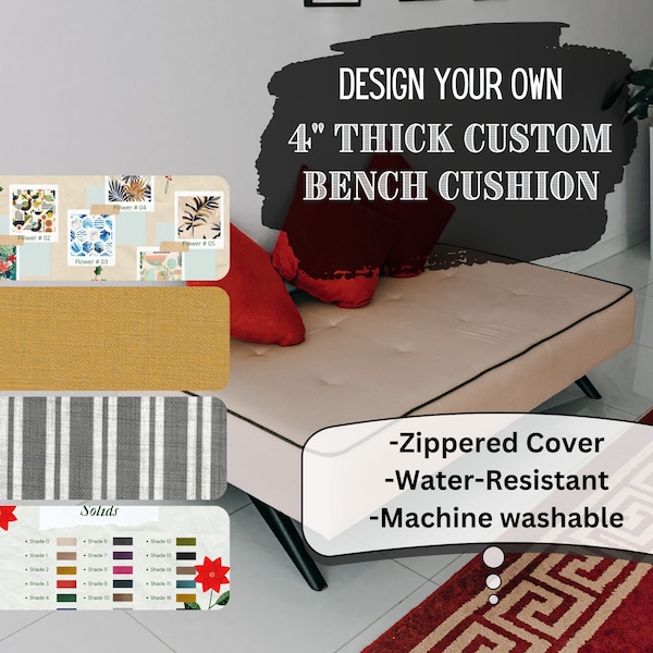 Coussin de banc personnalisé de 4 po. d'épaisseur avec passepoil et attaches | coussin de banc résistant à l'eau | Coussin de remplacement avec livraison gratuite