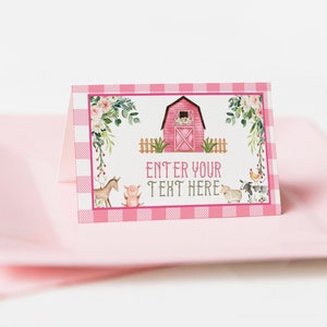Étiquettes de nourriture de grange rose modifiables, cartes de tente de nourriture d'anniversaire d'animal de ferme de fille Signes de table de nourriture de fête de basse-cour personnalisés imprimables 0128