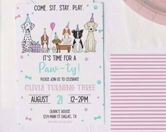 Invito di compleanno modificabile Puppy Dog Pawty, Let's Pawty Invite, Puppy Dog Invitation, Puppy Adoption Party 0185