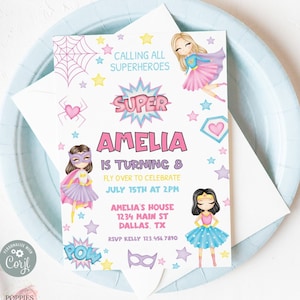 Editable Girl Superhero Birthday Party Invitation, Super Girl Birthday Invite, Pastel Superhero Birthday Invitation Printable 0159