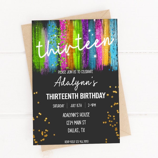 Editable Neon Birthday Invitation, Thirteenth Birthday Invite, Neon Rainbow 13th Birthday Invitation, Glow Party Invitation, Printable 0167