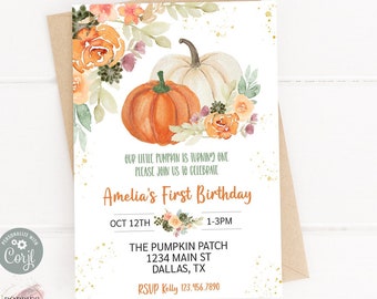 Editable Fall Floral Pumpkin Birthday Invitation Greenery Little Pumpkin Birthday Invite Girl Pink Floral Pumpkin Patch Printable 0174