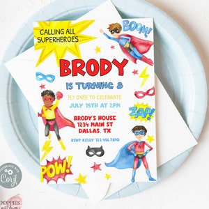 Editable Boy Superhero Birthday Party Invitation, Super Boy Birthday Invite, Red Blue Superhero Birthday Invitation Printable 0159
