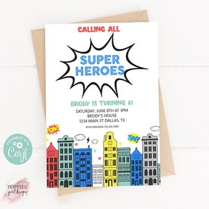 Editable Superhero Boy Birthday Party Invitation, Super Boy Birthday Invite, Red Blue Superhero Birthday Invitation Printable 0231