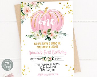 May include: A pink pumpkin-themed first birthday invitation with gold accents. The invitation features the word "one" and floral details. The text includes the name "Amelia", date, time, and location.