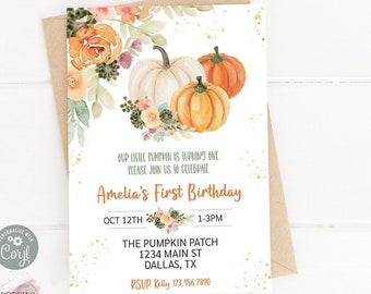 Invitación de cumpleaños de calabaza Floral de otoño Editable Greenery Little Pumpkin Birthday Invite Girl Pink Floral Pumpkin Patch Imprimible 0174