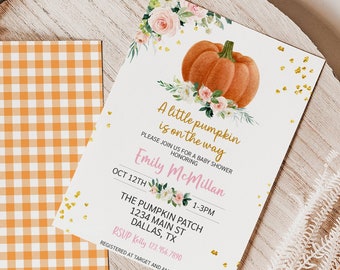 Bearbeitbare Kleine Kürbis ist auf dem Weg Einladung Orange Kürbis Babyparty einladen Herbst Floral Kürbis Babypartyeinladung Printable 0173