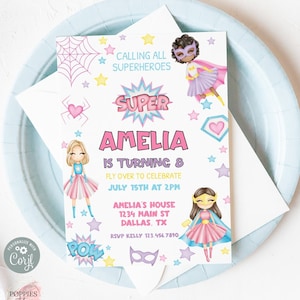 Editable Girl Superhero Birthday Party Invitation, Super Girl Birthday Invite, Pastel Superhero Birthday Invitation Printable 0159