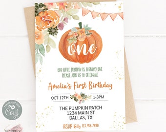 Invitación de cumpleaños de calabaza de otoño Guinga naranja Editable Floral Calabaza pequeña Invitación de cumpleaños Niña Otoño Parche de calabaza floral Imprimible 0174