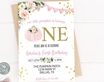 Editable calabaza 1er cumpleaños invitación, pequeña invitación de cumpleaños de calabaza, niña 1er cumpleaños rosa oro Floral calabaza cumpleaños imprimible 0172