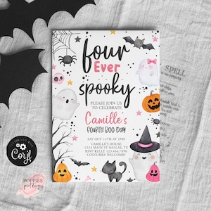 Cuatro invitaciones de Halloween espeluznantes para el cuarto cumpleaños, editables, de fantasma rosa, para niña, para fiesta de cuarto cumpleaños, Evite Halloween, impresión 0176