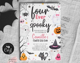 Four Ever Spooky Halloween 4th Birthday Invitation Editable Pink Ghost Birthday Invite Girl Fourth Birthday Party Evite Halloween Print 0176