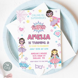Editable Girl Superhero Birthday Party Invitation, Super Girl Birthday Invite, Pastel Superhero Birthday Invitation Printable 0159
