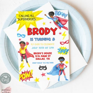 Editable Boy Superhero Birthday Party Invitation, Super Boy Birthday Invite, Red Blue Superhero Birthday Invitation Printable 0159