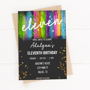 Editable Neon Birthday Invitation, Eleventh Birthday Invite, Neon Rainbow 11th Birthday Invitation, Glow Party Invitation, Printable 0167