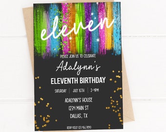 Editable Neon Birthday Invitation, Eleventh Birthday Invite, Neon Rainbow 11th Birthday Invitation, Glow Party Invitation, Printable 0167