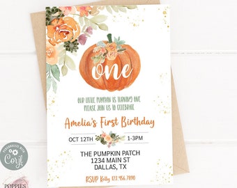 Floral Pumpkin Birthday Invitation, Orange Gingham, Editable Little Pumpkin Birthday Invite Girl Fall Floral Pumpkin Patch Printable 0174
