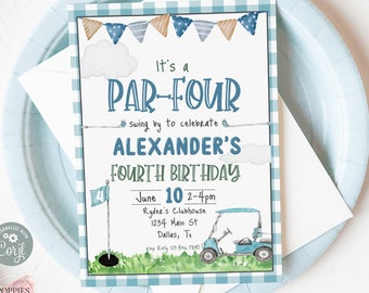 Editable Boy Golf Fourth Birthday Invitation, Boy Golfing Birthday Invite, 4th Birthday Par-tee Putting Par-tee Printable Template 0134
