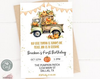 Pumpkin Truck Birthday Invitation, Green Gingham, Editable Little Pumpkin Patch Birthday Invite Girl Fall Pumpkin Patch Printable 0175