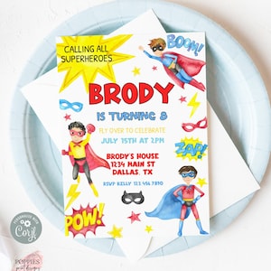 Editable Boy Superhero Birthday Party Invitation, Super Boy Birthday Invite, Red Blue Superhero Birthday Invitation Printable 0159