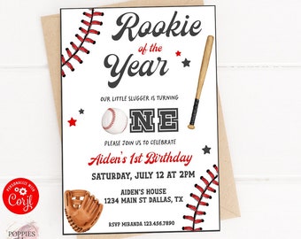 Editable Baseball 1st Birthday Invitation Rookie of the Year Batter Up First Birthday Boy Baseball Birthday Invite Template 0218