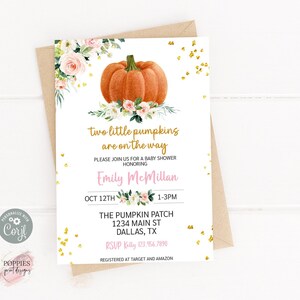 Editable Two Little Pumpkins are on the Way Invitation Twins Pumpkin Baby Shower Invite Floral Pumpkin Baby Shower Invitation Printable 0173
