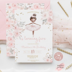 Editable Pink Ballerina Birthday Invitation, Dance and Twirl Ballet Girls Dancer Party Invite Pink Princess Gold Party Printable 0224