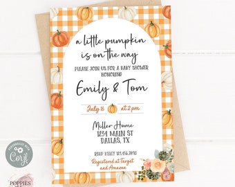 Pumpkin Baby Shower Invitation, A Little Pumpkin is on the Way Invite, Fall Pumpkin Sprinkle Evite, Orange and Green Gingham Printable 0174