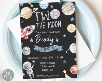 Editable Two the Moon 2nd Birthday Party Invitation, Outer Space Second Birthday Invite, Astronaut Party, Sun Planets Galaxy Printable 0166
