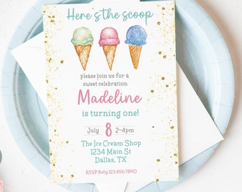 Editable Here's the Scoop Invitation, Ice Cream Birthday Party Invitation, Ice Cream First Birthday Invitation Printable 0157