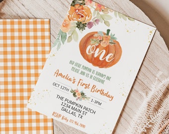 Floral calabaza cumpleaños invitación naranja Gingham Editable pequeña calabaza cumpleaños invitación niña otoño Floral calabaza parche imprimible 0174