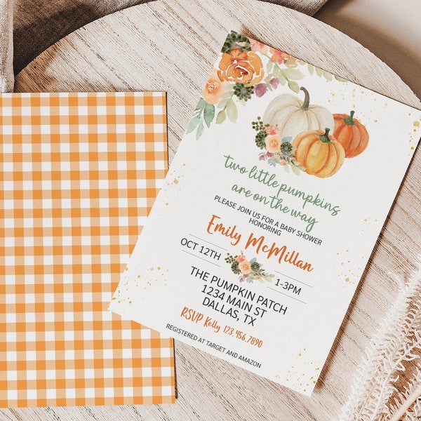 Twins Baby Shower Invite Editable Two Little Pumpkins are on the Way Orange Greenery Floral Pumpkin Baby Shower Invitation Printable 0174