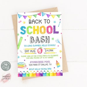 Editable Back to School Bash Invitation, First Day of School, End of Summer Party, Pool Party Invite Template Printable 0181