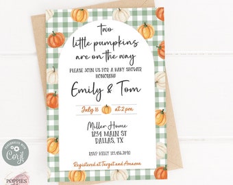 Twins Pumpkin Baby Shower Invitation, A Little Pumpkin is on the Way Invite, Fall Pumpkin Sprinkle Evite, Green Gingham Printable 0174