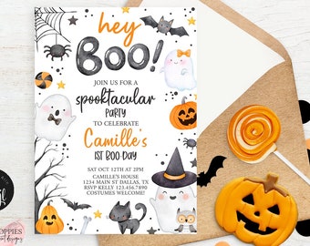 Halloween verjaardag uitnodiging Hey Boo bewerkbare roze Ghost verjaardag uitnodigen Spooky verjaardagsfeestje Evite Halloween afdrukbare sjabloon 0176