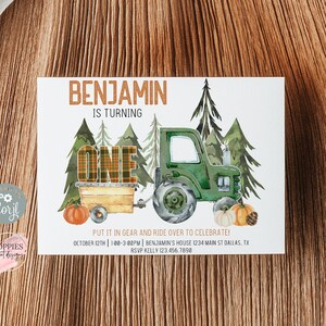 Editable Fall Pumpkin First Birthday Invite, Green Tractor 1st Birthday Invitation, Autumn Hayride, Forest Outdoors Camping Printable 0180