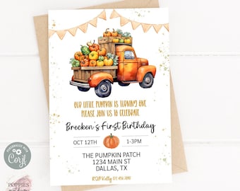 Pumpkin Birthday Invitation, Orange Vintage Truck, Editable Little Pumpkin Birthday Invite Boy Fall Pumpkin Patch Printable 0175