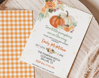 Editable Twins Baby Shower Invite Two Little Pumpkins are on the Way Orange Greenery Floral Pumpkin Baby Shower Invitation Printable 0174